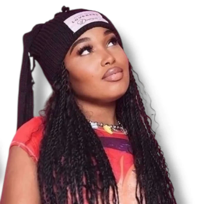 Long Rabbit Ear Crochet Winter Beanie Cap Model wearing black one size patch logo