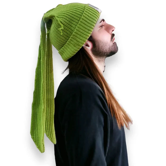 Long Rabbit Ear Crochet Winter Beanie Cap green one size patch logo