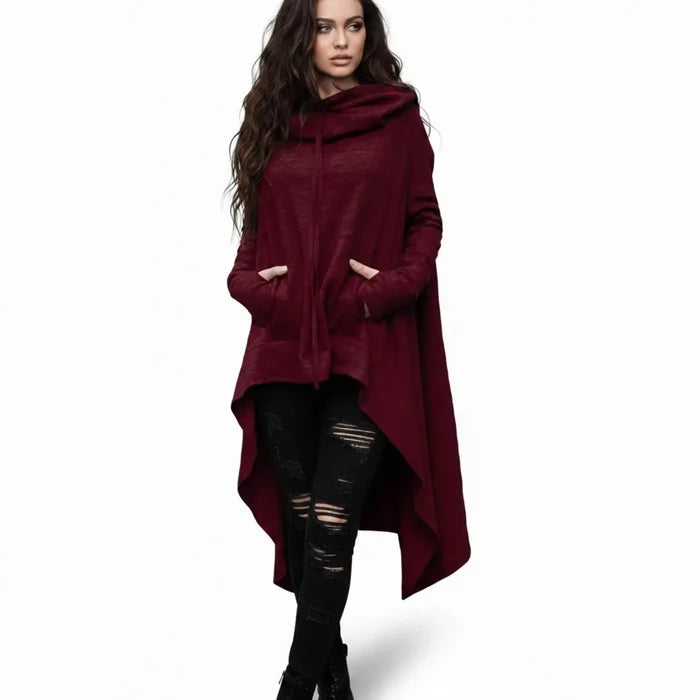 Long Sleeve Asymmetrical Cowl Hoodie - Long Sleeve Asymmetrical Hoodie / dark red / Large - Hoodies