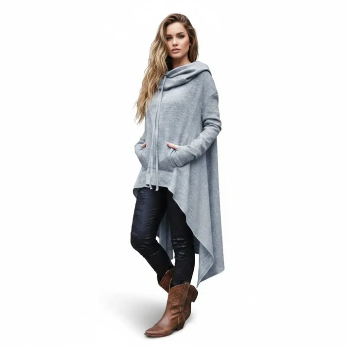 Long Sleeve Asymmetrical Cowl Hoodie - Long Sleeve Asymmetrical Hoodie / Gray / 1X - Hoodies