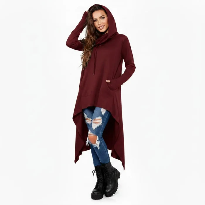 Long Sleeve Asymmetrical Cowl Hoodie - Long Sleeve Asymmetrical Hoodie / dark red / XL - Hoodies
