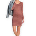 long sleeve brown striped fitted mini dress front view
