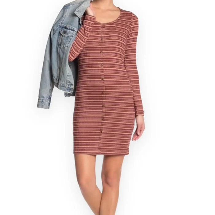 long sleeve brown striped fitted mini dress front view