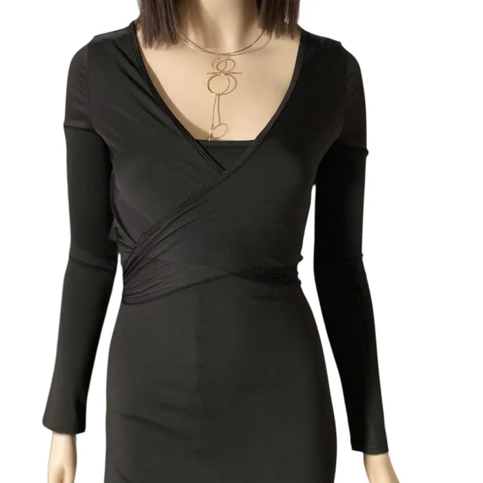 Long Sleeve Cropped Waist Wrap Top with tie front bolero shrug fit in cream or black with semi-sheer stretch fabric and V neckline