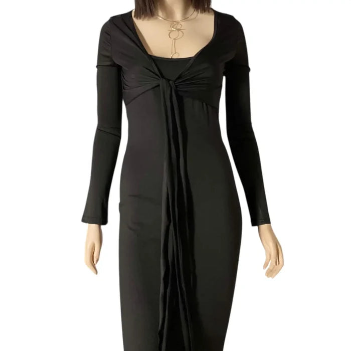 Long Sleeve Cropped Waist Wrap Top with tie front bolero shrug fit in cream or black with semi-sheer stretch fabric and V neckline