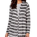 Long sleeve striped mid length cardigan marbled black and white open front lightweight knit