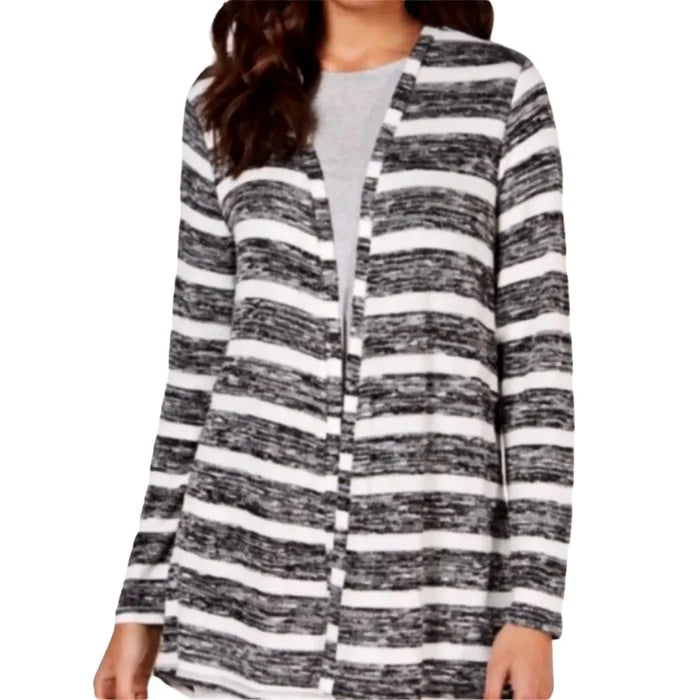 Long sleeve striped mid length cardigan marbled black and white open front lightweight knit