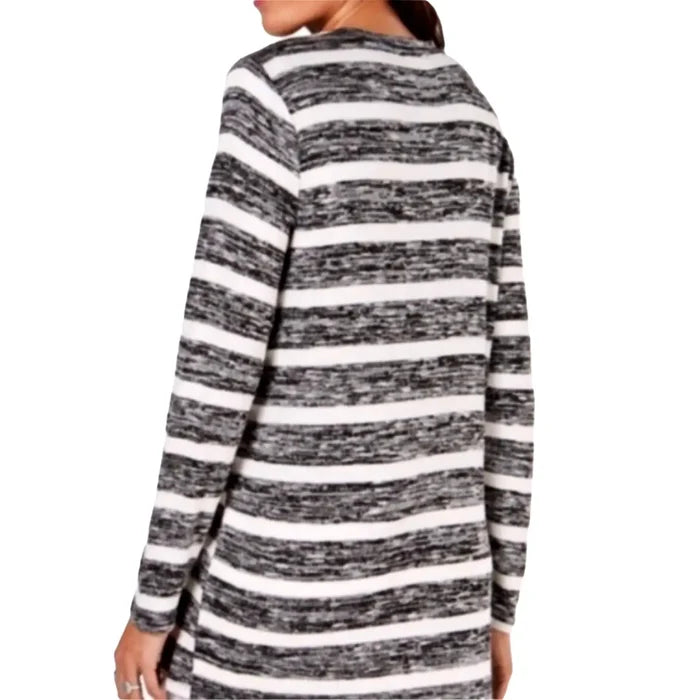 Long sleeve striped mid length cardigan marbled black and white open front lightweight knit