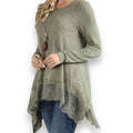Sage green long sleeve tunic top with asymmetrical handkerchief hem and floral lace trim