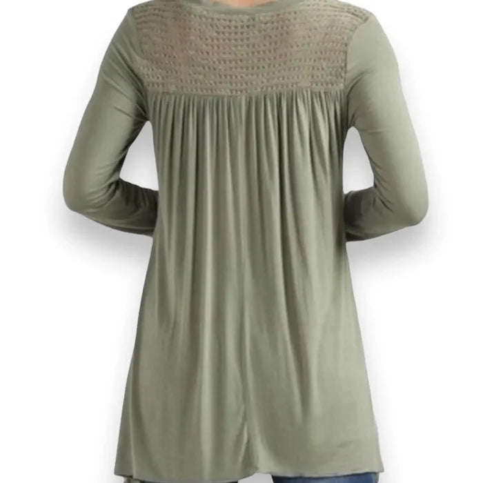 Sage green long sleeve tunic top with asymmetrical handkerchief hem and floral lace trim