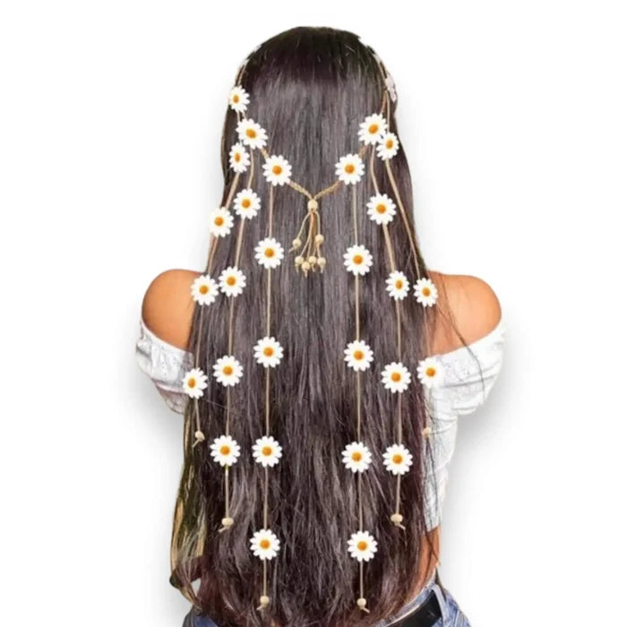 Long Sunflower Headband Hair Band back view  wearing white floral headband flower child hairband