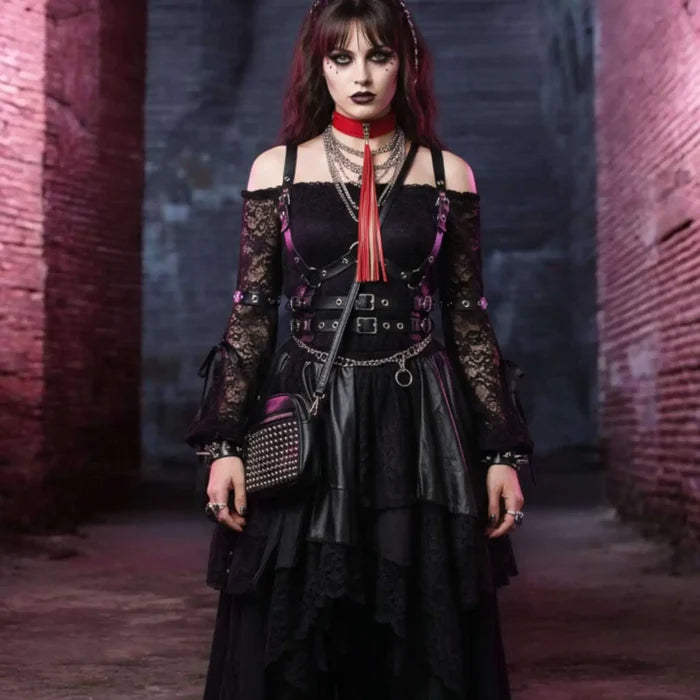 Long Tassel Wide Buckle Choker silver hardware hot pink or red faux leather with silver hardware and fringe tassel