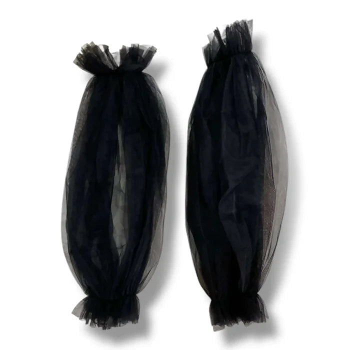 Long Tulle Puffy Sleeve Arm Covers in black or white sheer mesh with ruffled elastic openings and detachable fit flat lay