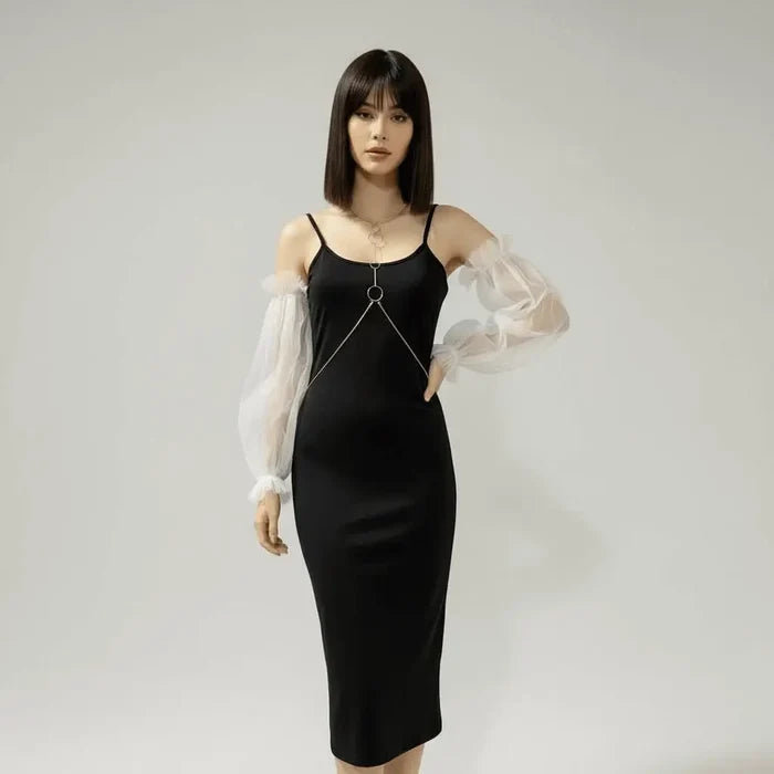 Long Tulle Puffy Sleeve Arm Covers in black or white  sheer mesh with ruffled elastic openings and detachable fit model wearing