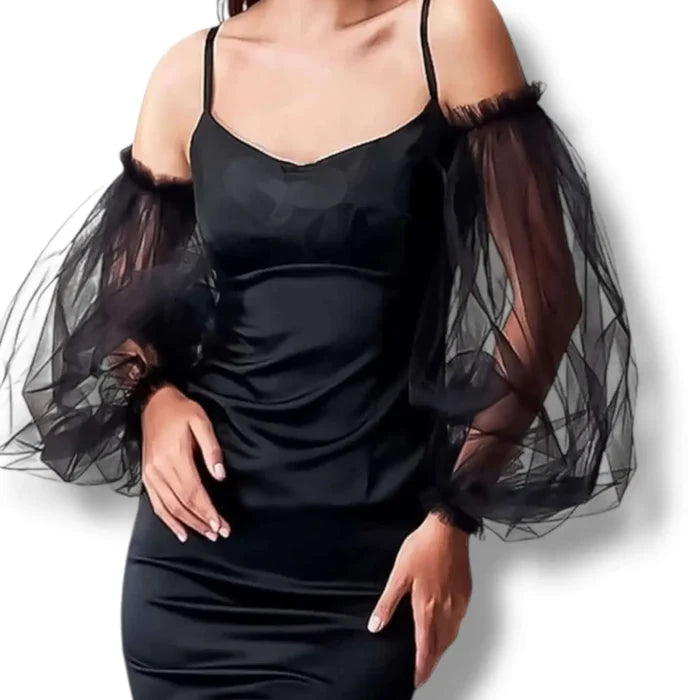 Long Tulle Puffy Sleeve Arm Covers in black or white  sheer mesh with ruffled elastic openings and detachable fit model wearing