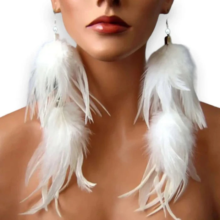 Long White Feather Tassel Earrings with pearl accents and boho festival style