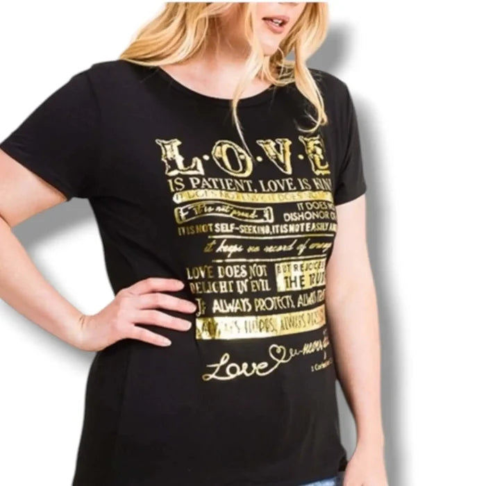 Women's black Love Never Fails Gold Foil Graphic Tee with black stretch fabric and plus-size fit / 2X