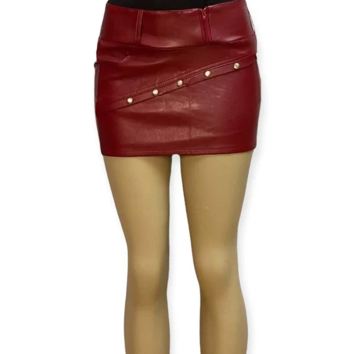 low waist faux leather micro mini skirt with gold hardware and multi side zippers pockets wide belt loops shorts lining in black or dark red