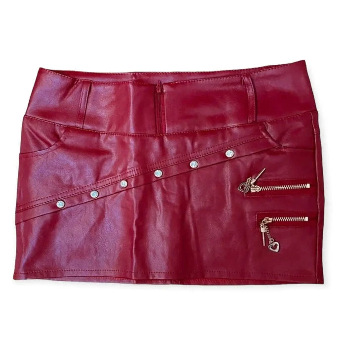 low waist faux leather micro mini skirt with gold hardware and multi side zippers pockets wide belt loops shorts lining in black or dark red