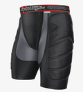 Black protective shorts with padding on a white background