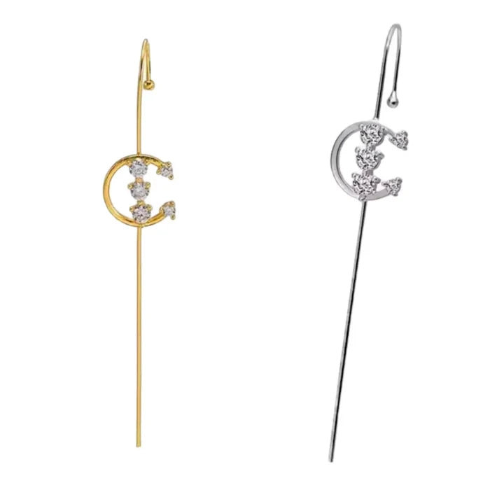 Lunar Moon Star Ear Hook Pins with crystal crescent moon, star charms, and gold or silver ear crawler style