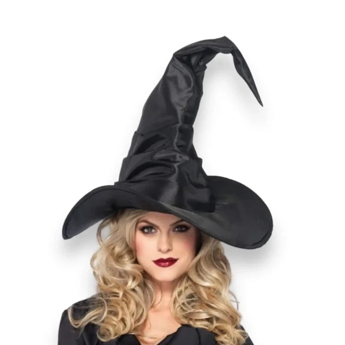 Magical Tall Wicked Witch Hat gothic cosplay with tall crinkled crown and wide brim, adjustable black or purple