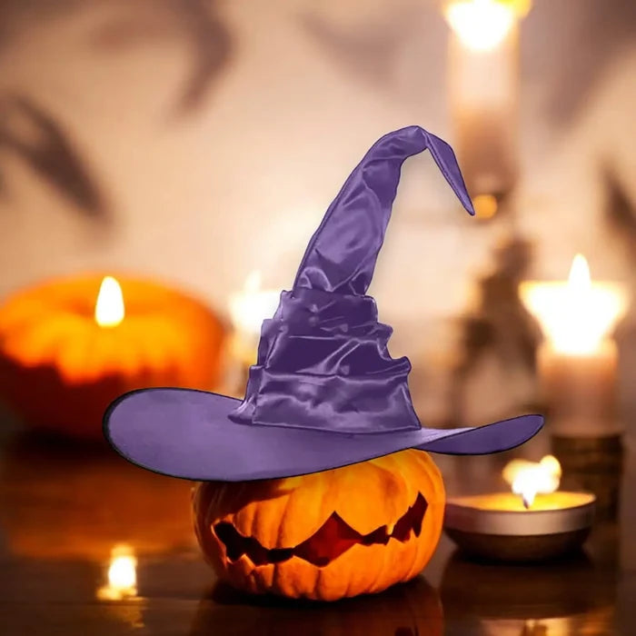 Magical Tall Wicked Witch Hat gothic cosplay with tall crinkled crown and wide brim, adjustable black or purple