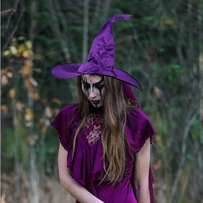 Magical Tall Wicked Witch Hat gothic cosplay with tall crinkled crown and wide brim, adjustable black or dark purple