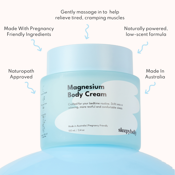 Jar of Sleepybelly Magnesium Body Cream, a pregnancy-friendly magnesium lotion for sleep.