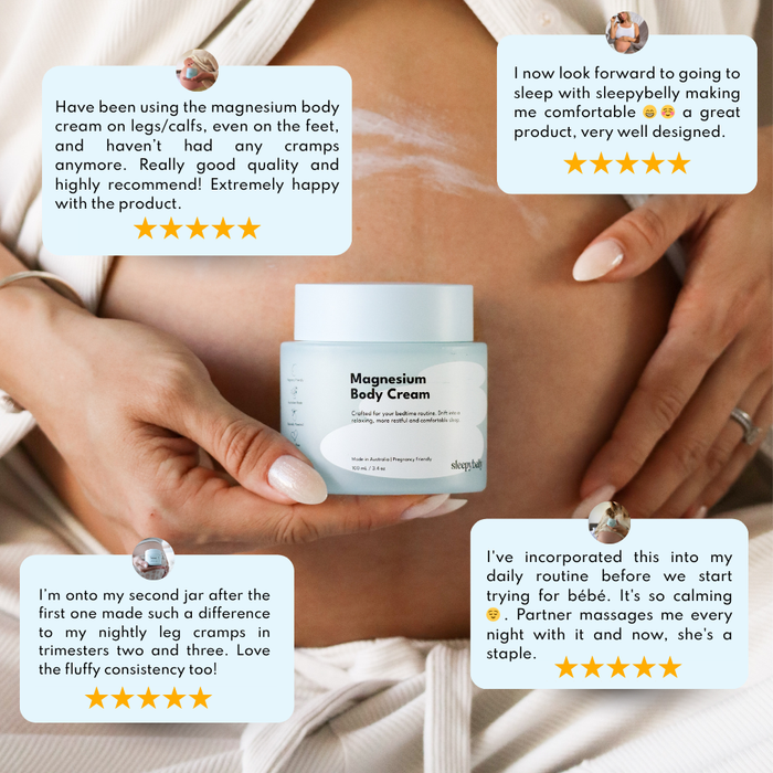 Five-star customer reviews surrounding a tub of Sleepybelly Magnesium Body Cream