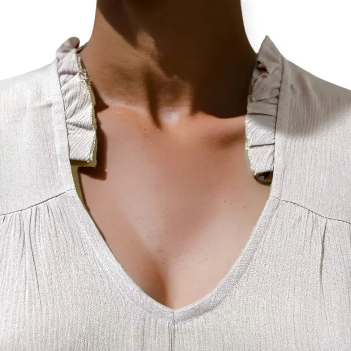 close up neckline  Mauve Ruffle V-Neck Long Sleeve Blouse medium