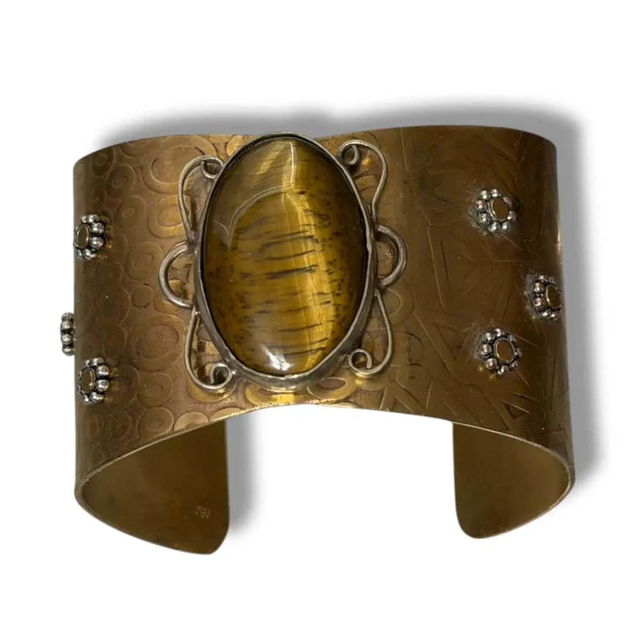Golden Tigers Eye Sterling Silver Ring with  16.35 carats cabochon stone and wide tapered textured artisan band