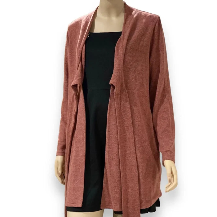 Melange Fleece Tie Front Cardigan mid length dusty rose side pockets large