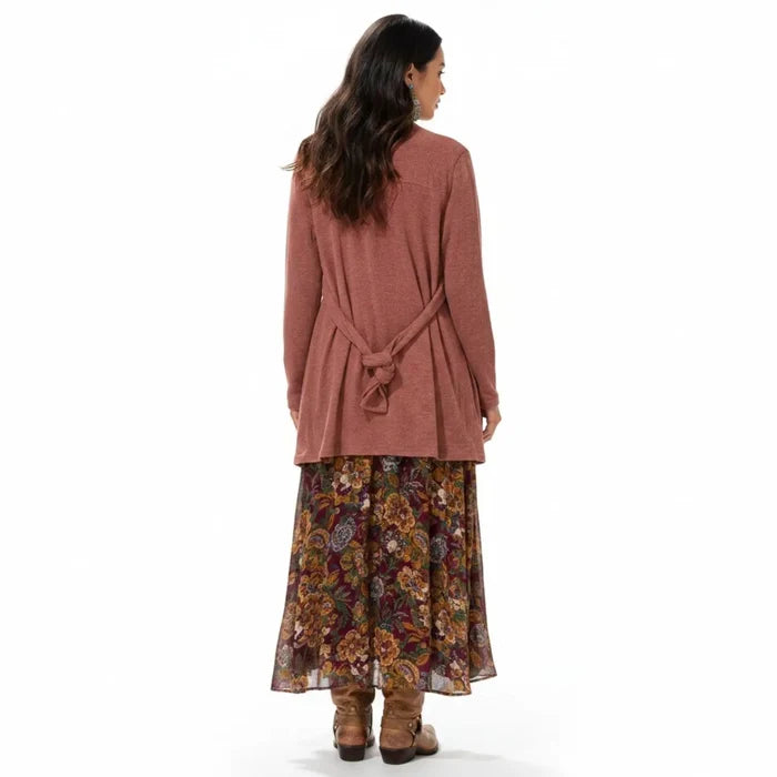 Melange Fleece Tie Front Cardigan mid length dusty rose side pockets large