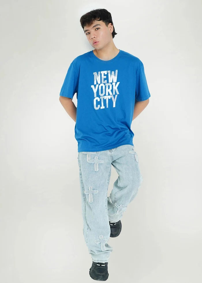 Blue crew-neck T-shirt with 'NEW YORK CITY' front graphic, short sleeves