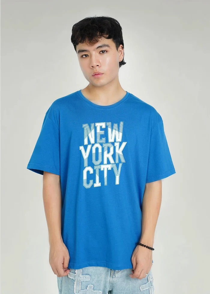 Blue crew-neck T-shirt with large 'NEW YORK CITY' front graphic