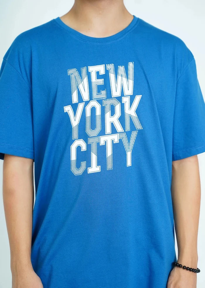 Blue round-neck T-shirt with 'NEW YORK CITY' front print