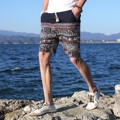 Men’s Cotton-Linen Loose Beach Pants – Five-Point Design