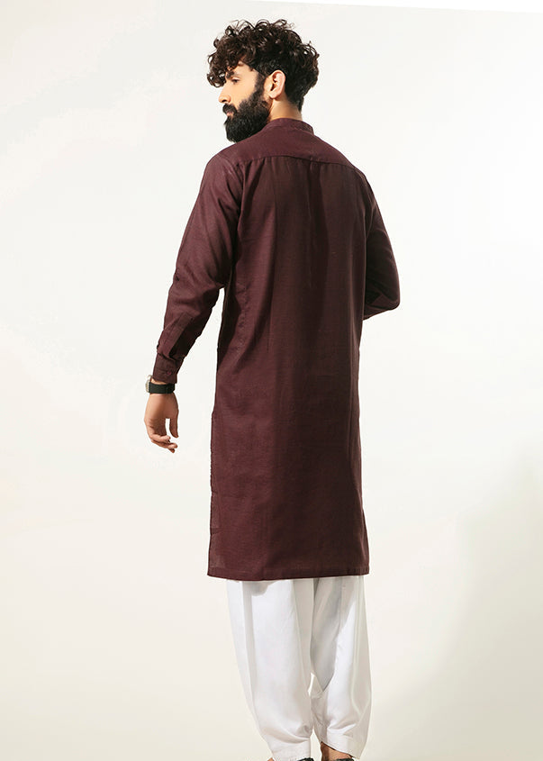 Men's burgundy kurta back view, long stand collar and full length hem