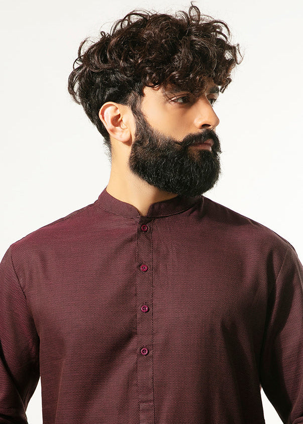 Men's burgundy kurta with mandarin collar and button placket, long sleeves