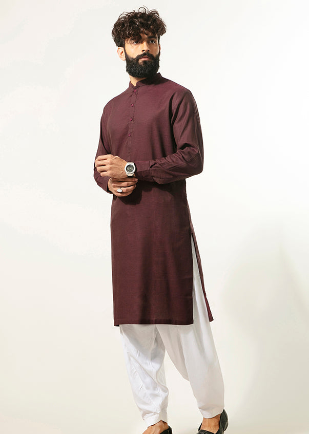 Men's burgundy kurta with mandarin collar and button placket, side view with wrist detail