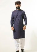 Indigo men’s long kurta with mandarin collar and button placket