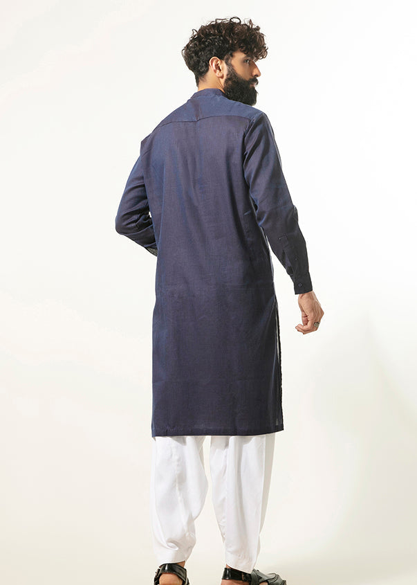 Indigo men’s long kurta, back view with full sleeves and center seam