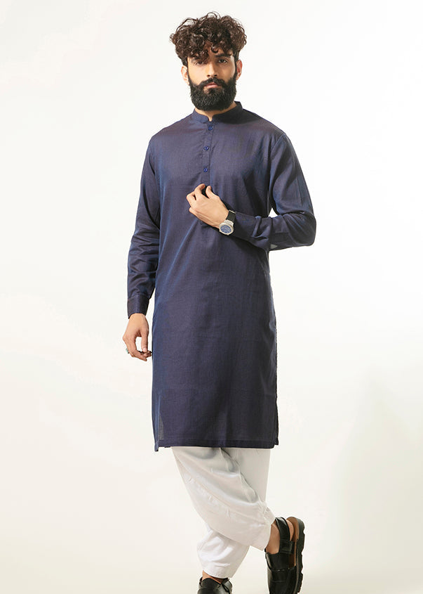 Indigo men’s kurta with mandarin collar and center button placket