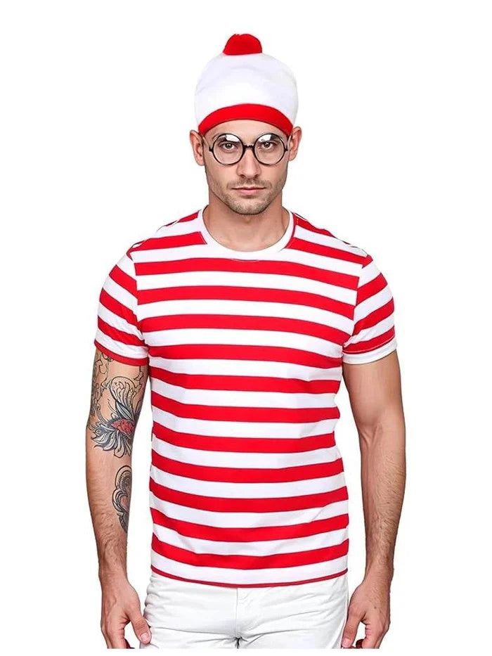 Mens Red & White Striped 4 Pieces Outfit Set - thefancydress.co.uk