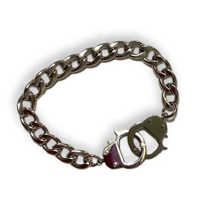 Men's Silver Chunky Handcuffs Bracelet showcasing stainless steel handcuff clasps and curb-link design.