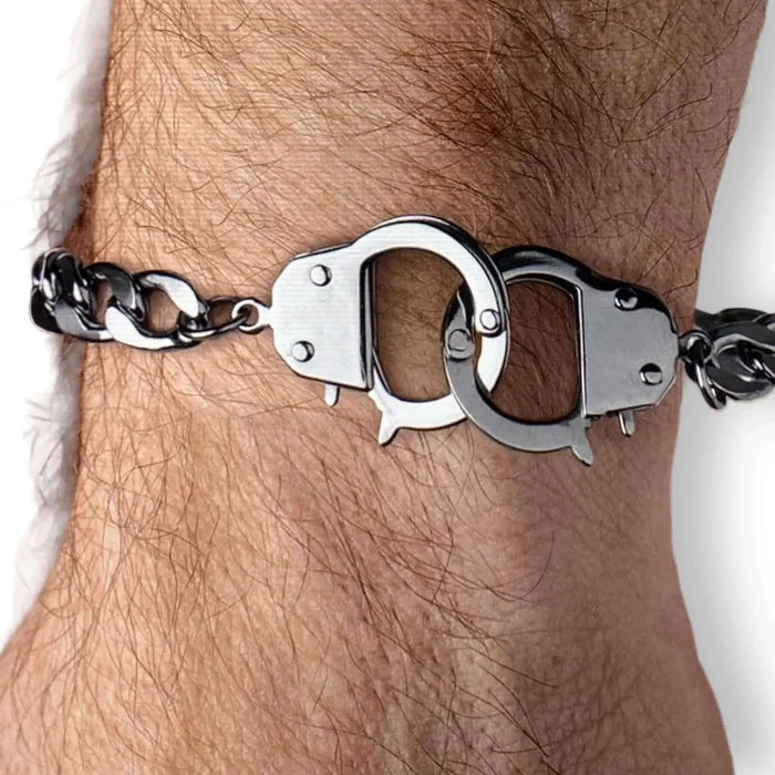 Men's Silver Chunky Handcuffs Bracelet showcasing stainless steel handcuff clasps and curb-link design.
