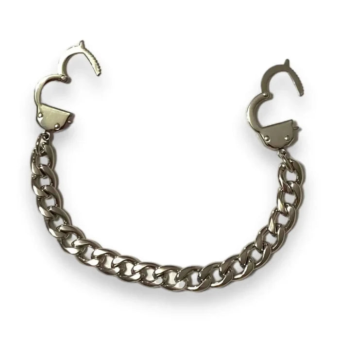 Men's Silver Chunky Handcuffs Bracelet showcasing stainless steel handcuff clasps and curb-link design.