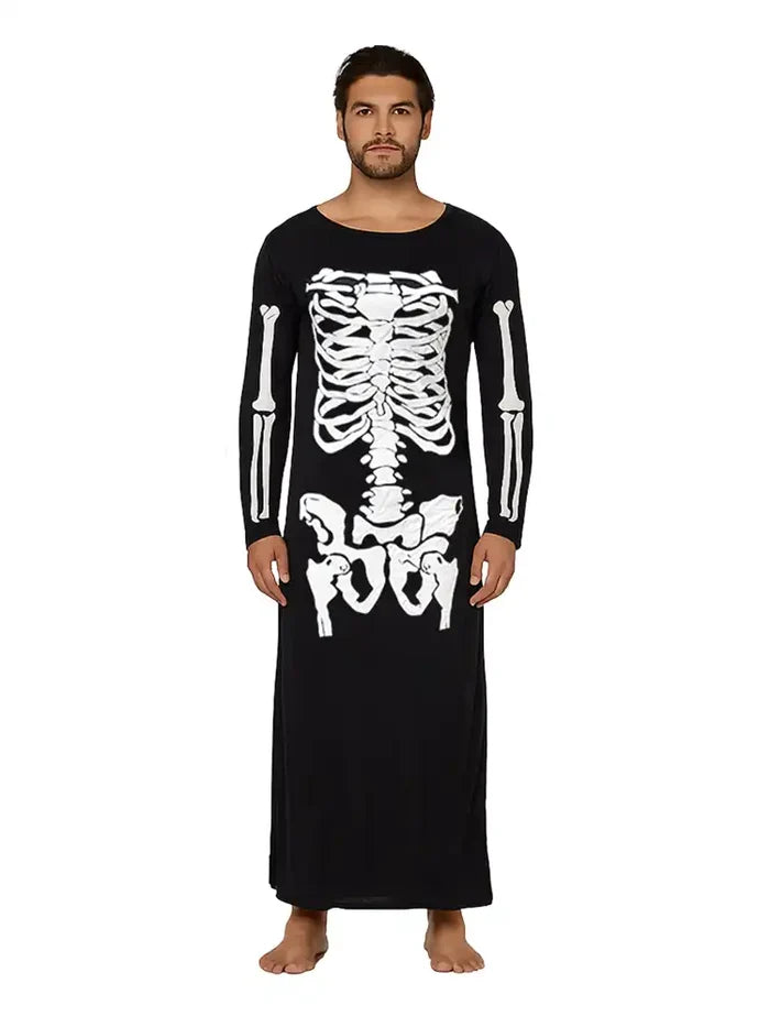 Man wearing a black skeleton-themed long-sleeve shirt on a white background