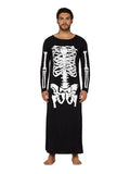 Man wearing a black skeleton-themed long-sleeve shirt on a white background